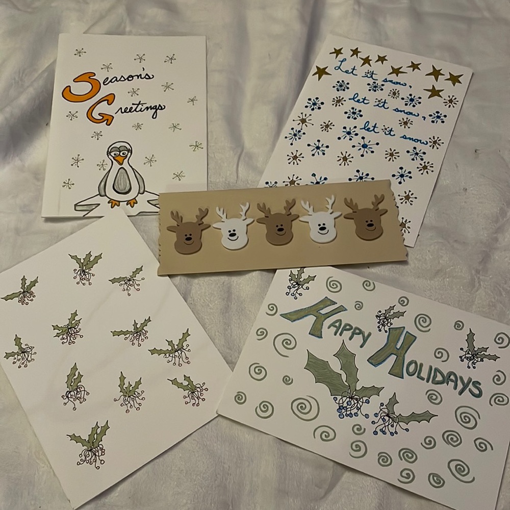 5 Handmade Hand Drawn & Coloured w Metallics Christmas Cards All Blank Inside